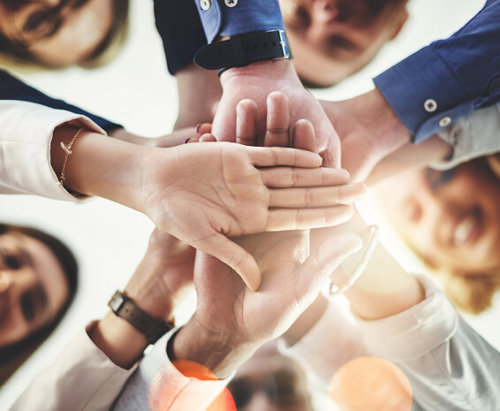 A group of employees all supporting each other with their hands in together